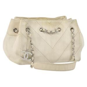 CHANEL Chain V Stitch Shoulder Bag Canvas White Silver CC Auth gh1368